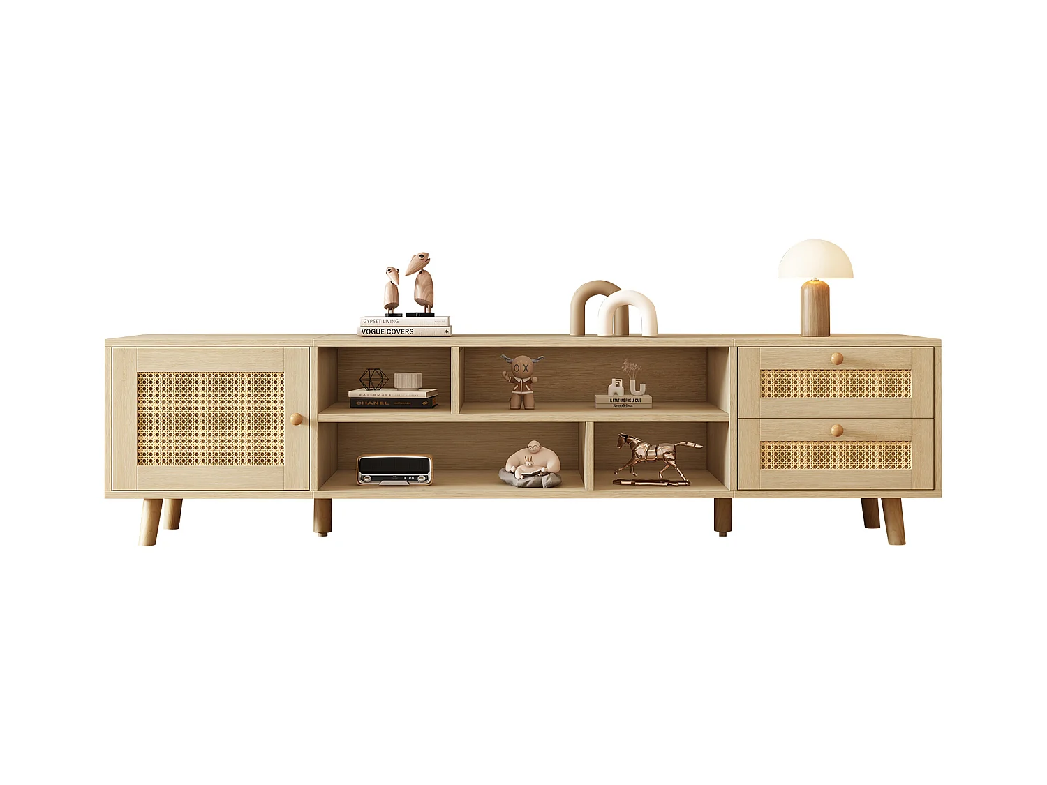 Meuble TV Premium 160 cm en rotin couleur bois brut pour téléviseur 70 pouces - gestion des câbles, 2 tiroirs, 1 porte