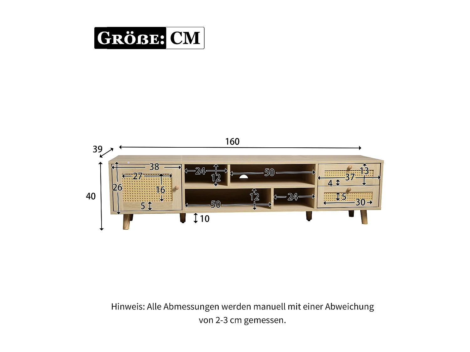 Meuble TV Premium 160 cm en rotin couleur bois brut pour téléviseur 70 pouces - gestion des câbles, 2 tiroirs, 1 porte