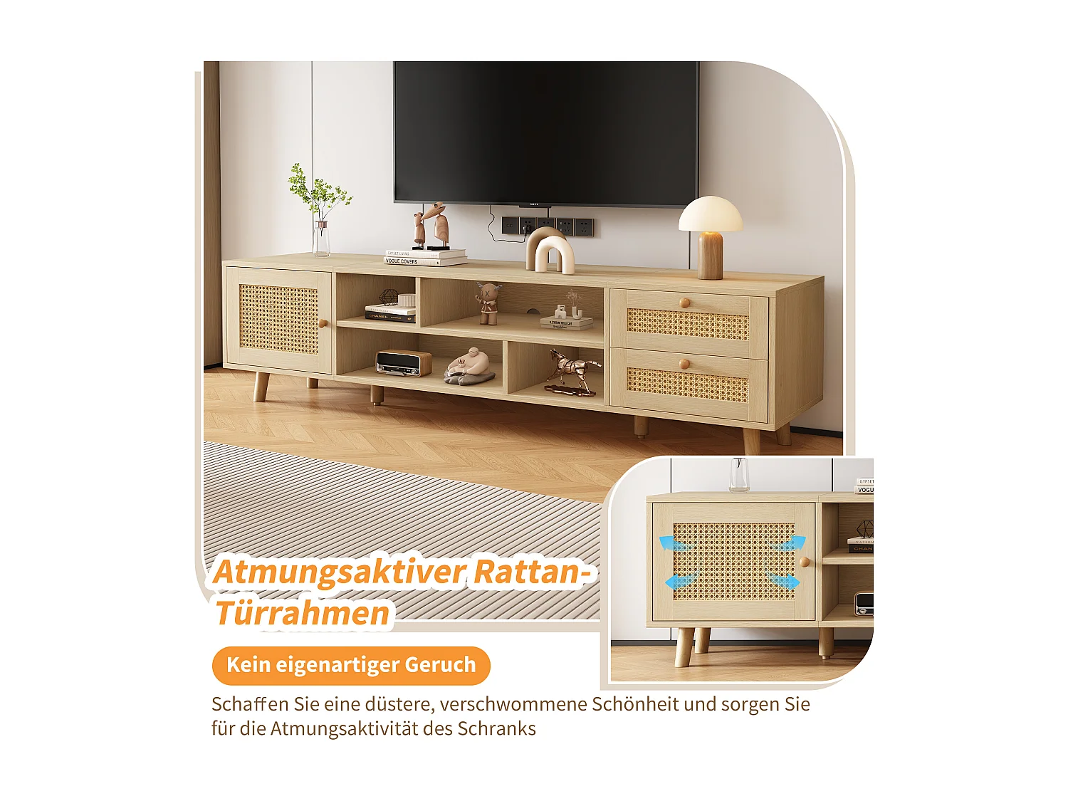 Meuble TV Premium 160 cm en rotin couleur bois brut pour téléviseur 70 pouces - gestion des câbles, 2 tiroirs, 1 porte