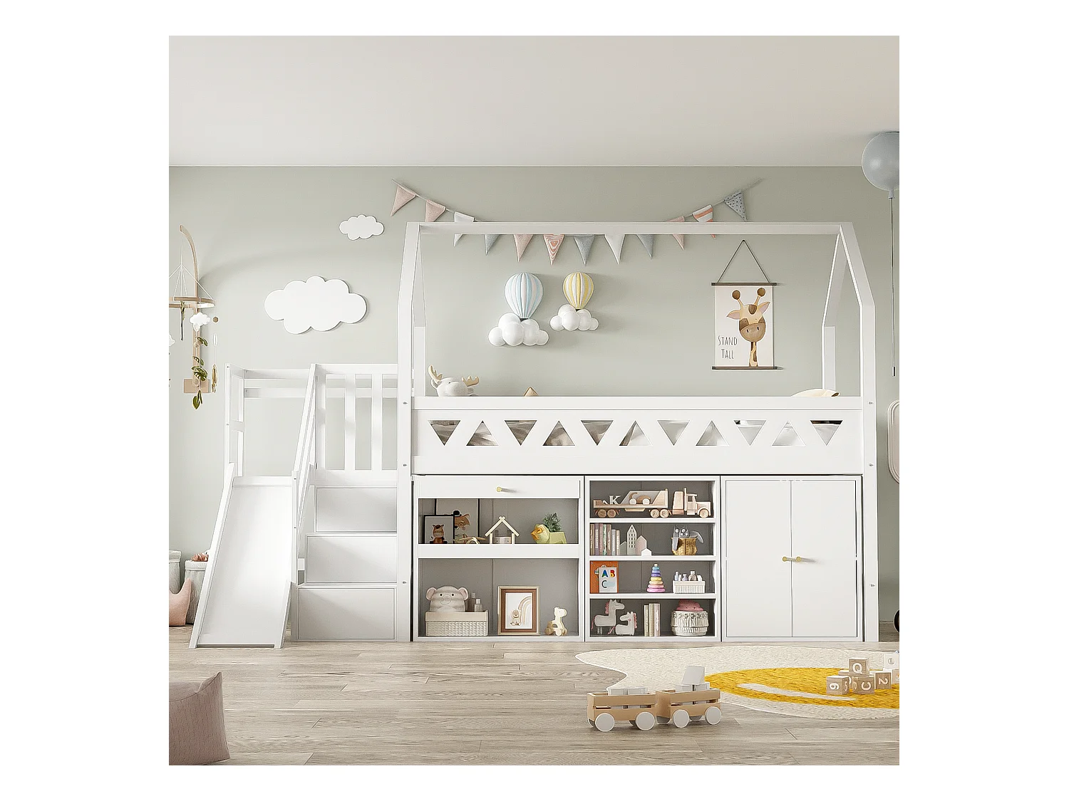 Lit simple Blanc 90 * 200, bois massif, avec toboggan et escalier, avec tiroirs et casiers, sans matelas
