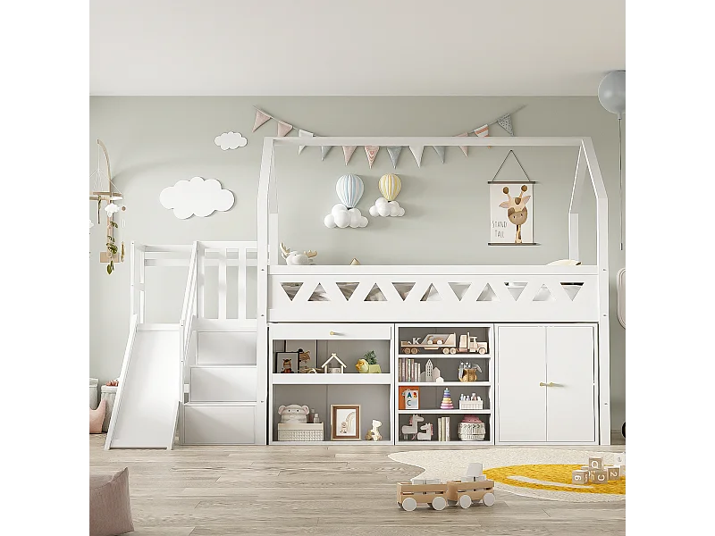 Lit simple Blanc 90 * 200, bois massif, avec toboggan et escalier, avec tiroirs et casiers, sans matelas