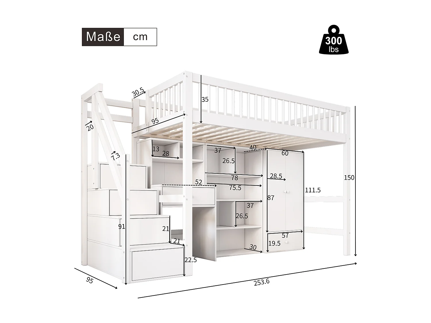 Lit d'enfant 90*200 cm, avec bureau + escalier + casier + armoire, bois massif + MDF, blanc
