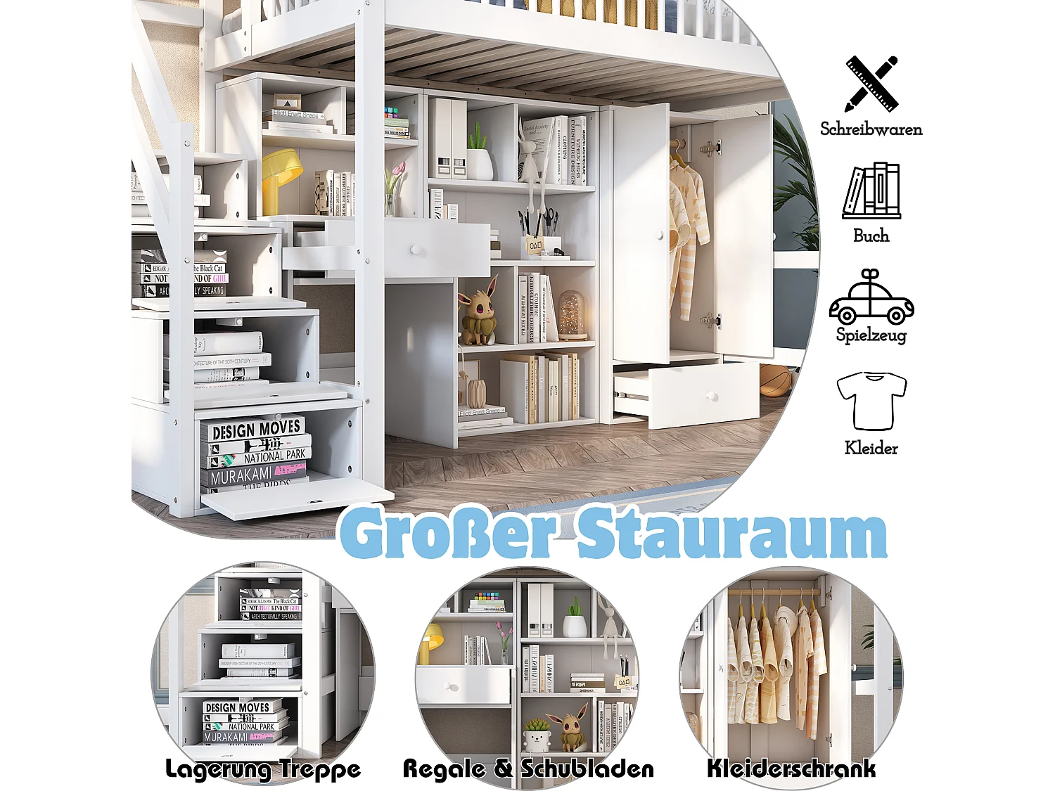 Cama infantil 90*200 cm, con escritorio + escalera + taquilla + armario, madera maciza + MDF, blanco