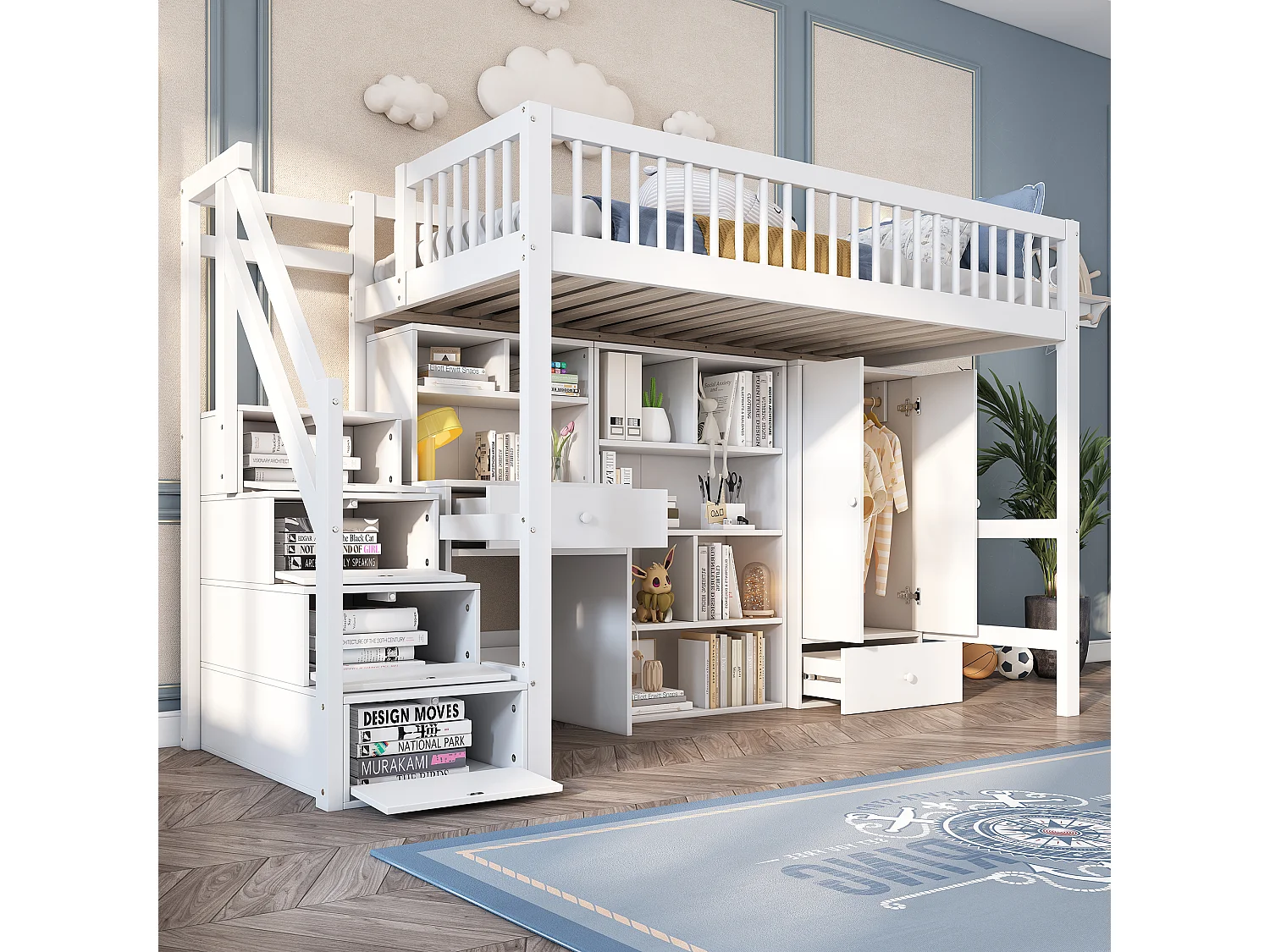 Lit d'enfant 90*200 cm, avec bureau + escalier + casier + armoire, bois massif + MDF, blanc