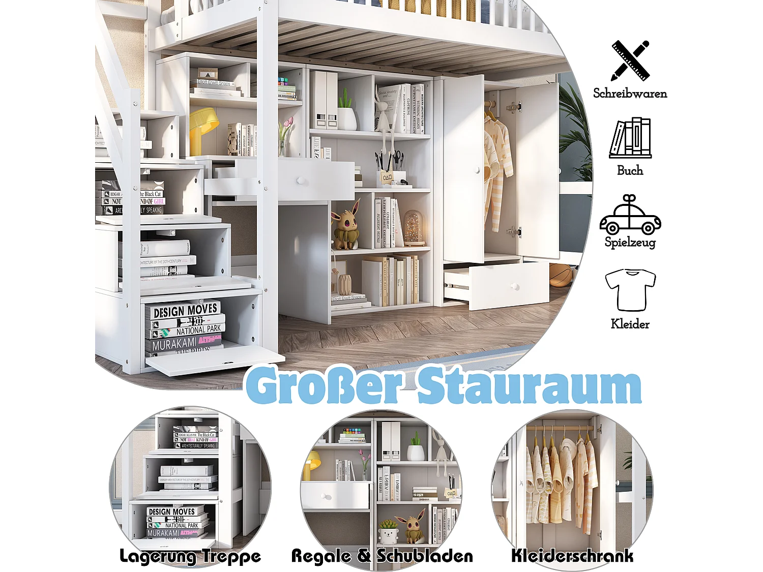 Lit d'enfant 90*200 cm, avec bureau + escalier + casier + armoire, bois massif + MDF, blanc