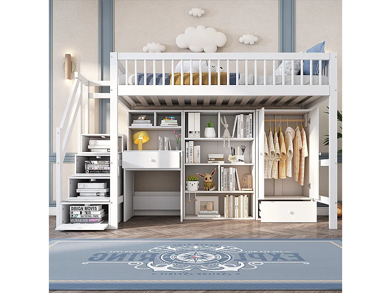 Lit d'enfant 90*200 cm, avec bureau + escalier + casier + armoire, bois massif + MDF, blanc