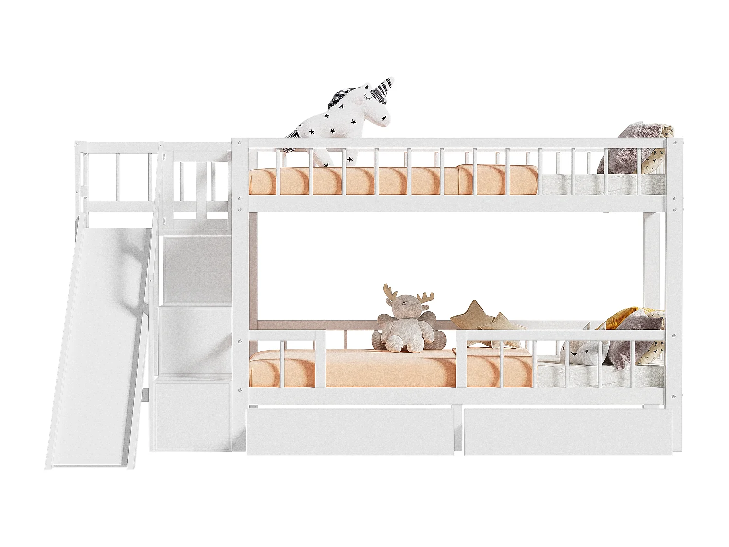 Lit superposé pour enfant blanc 90 * 200 en bois massif avec toboggan et escalier avec 2 tiroirs sans matelas