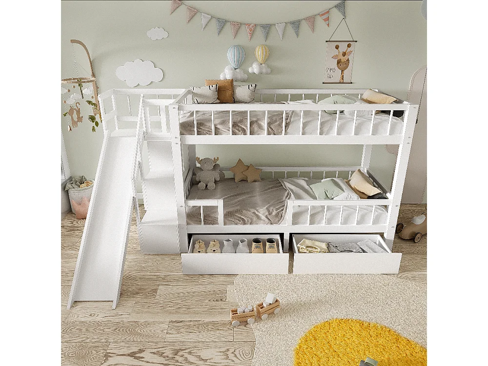 Lit superposé pour enfant blanc 90 * 200 en bois massif avec toboggan et escalier avec 2 tiroirs sans matelas