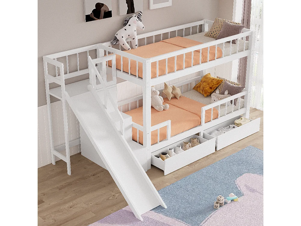 Lit superposé pour enfant blanc 90 * 200 en bois massif avec toboggan et escalier avec 2 tiroirs sans matelas