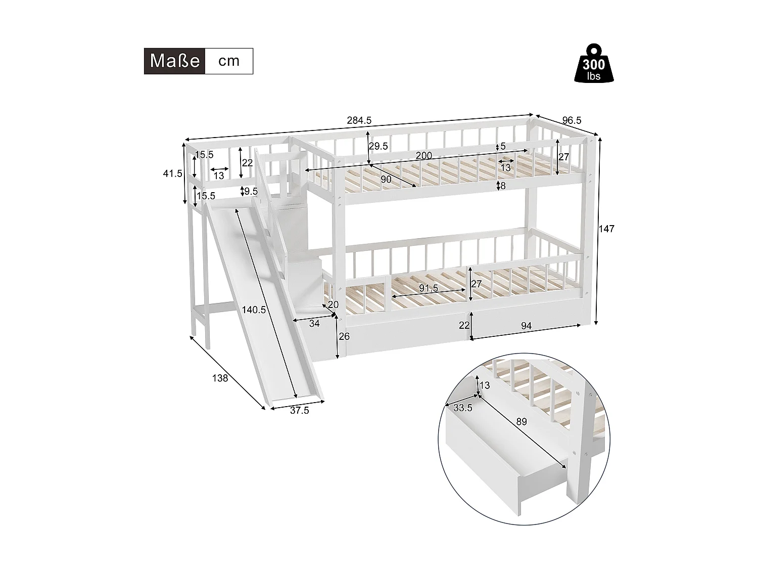 Lit superposé pour enfant blanc 90 * 200 en bois massif avec toboggan et escalier avec 2 tiroirs sans matelas
