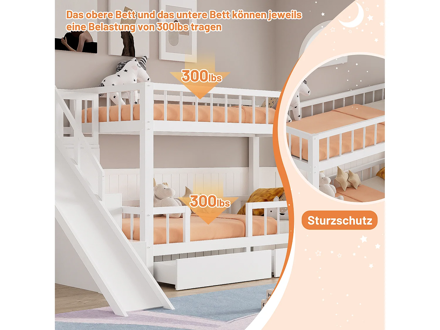 Lit superposé pour enfant blanc 90 * 200 en bois massif avec toboggan et escalier avec 2 tiroirs sans matelas