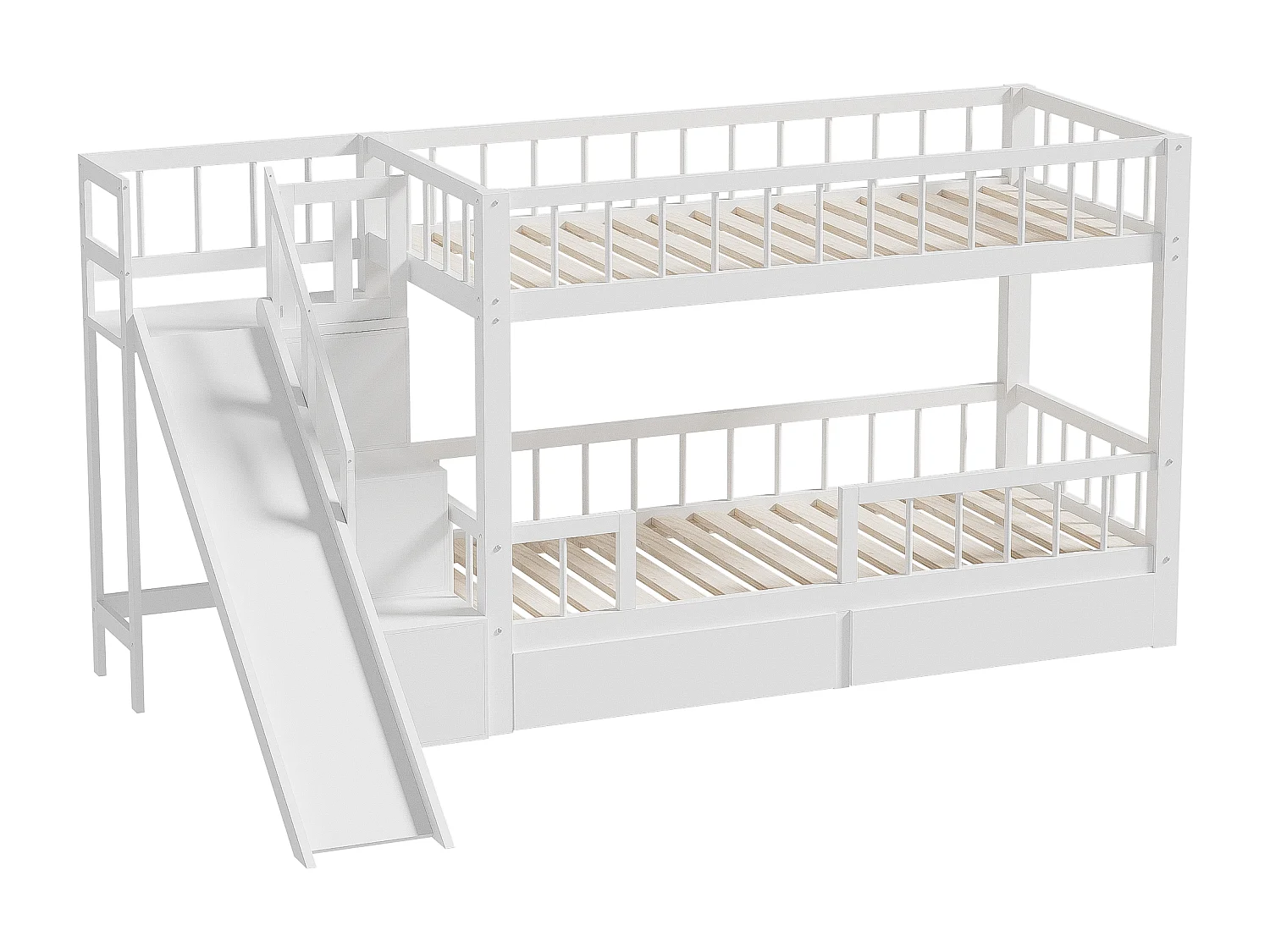 Lit superposé pour enfant blanc 90 * 200 en bois massif avec toboggan et escalier avec 2 tiroirs sans matelas