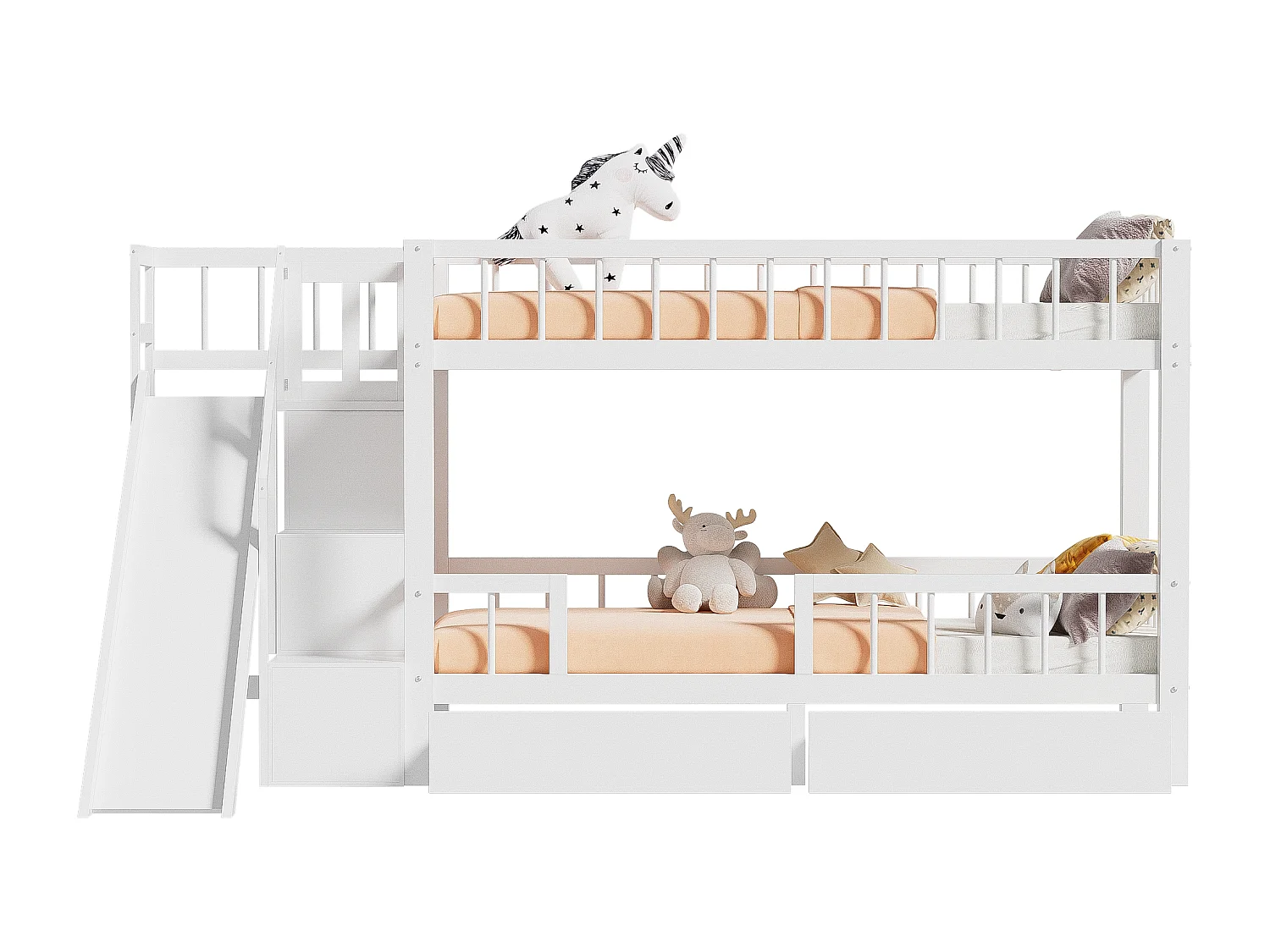 Lit superposé pour enfant blanc 90 * 200 en bois massif avec toboggan et escalier avec 2 tiroirs sans matelas