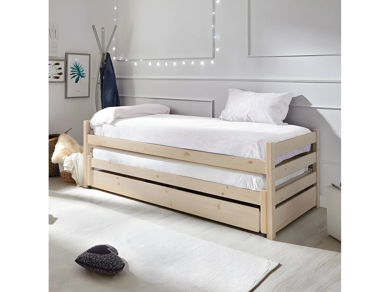 Cama nido tripla de madeira branco lavado 90x200 cm