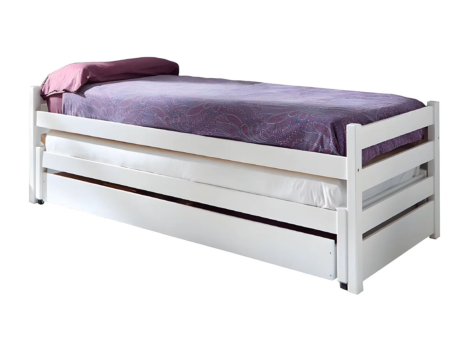 Cama nido tripla de madeira branco lavado 90x200 cm