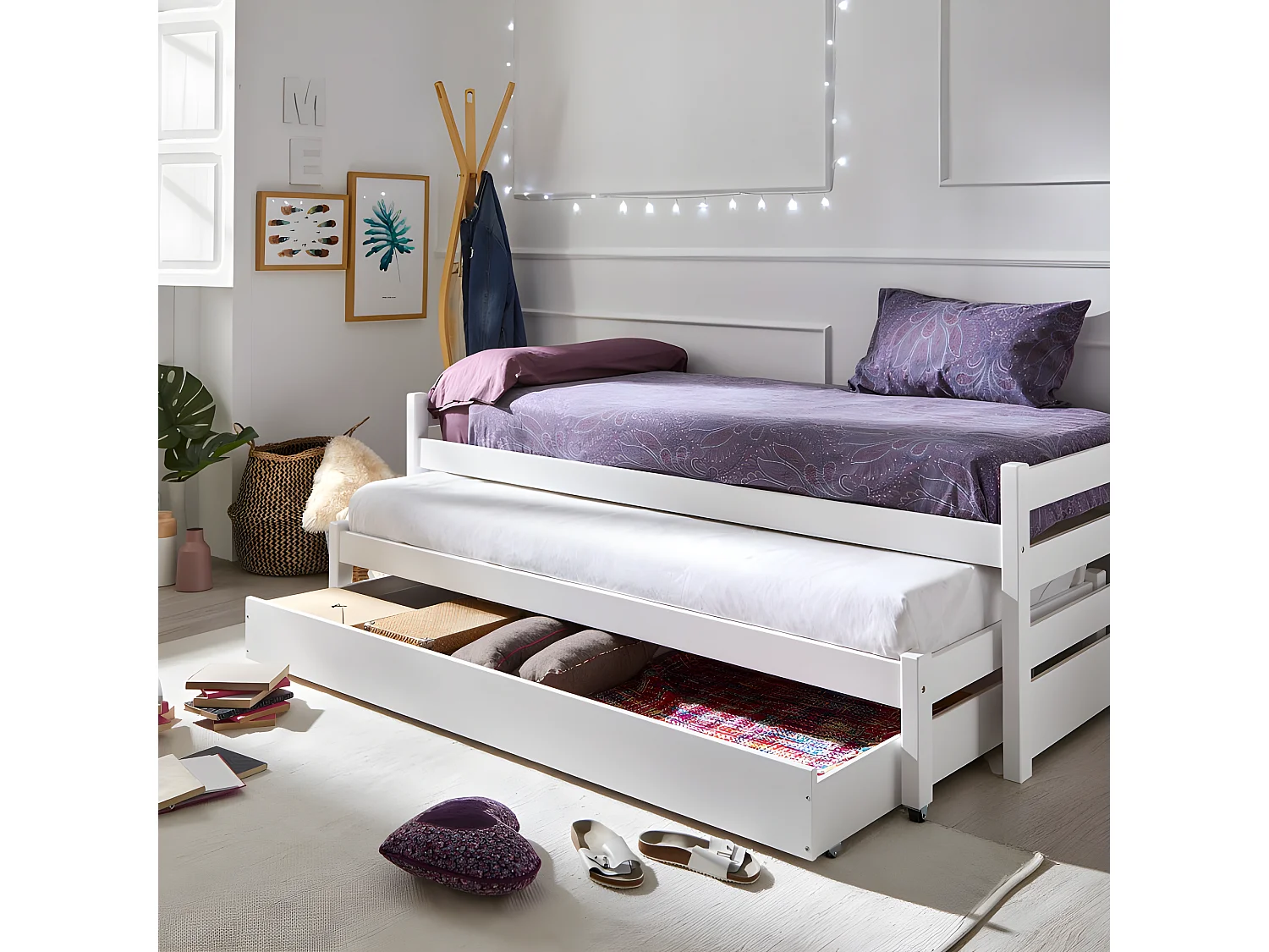 Cama nido tripla de madeira branco lavado 90x200 cm