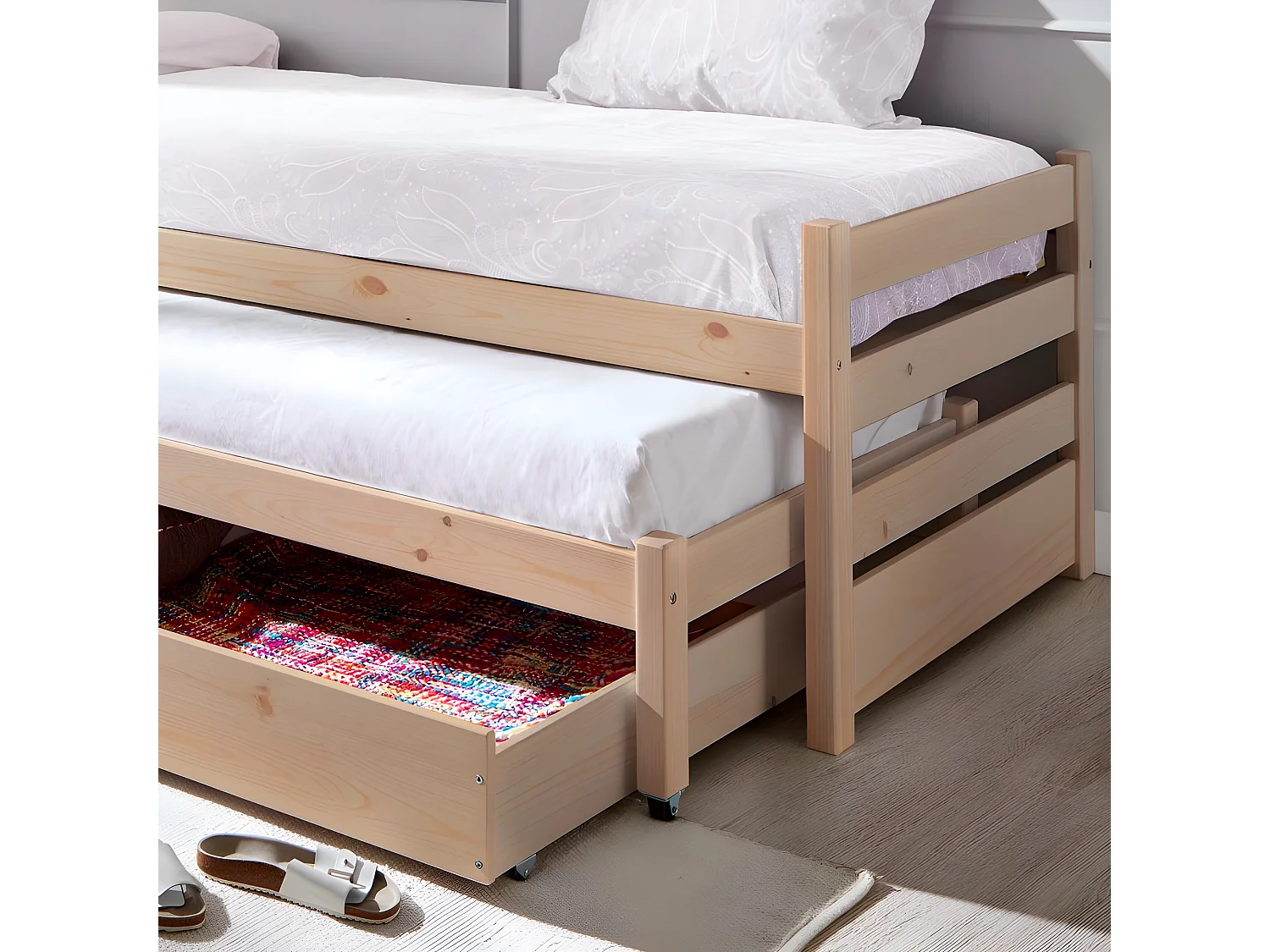 Cama nido tripla de madeira branco lavado 90x200 cm