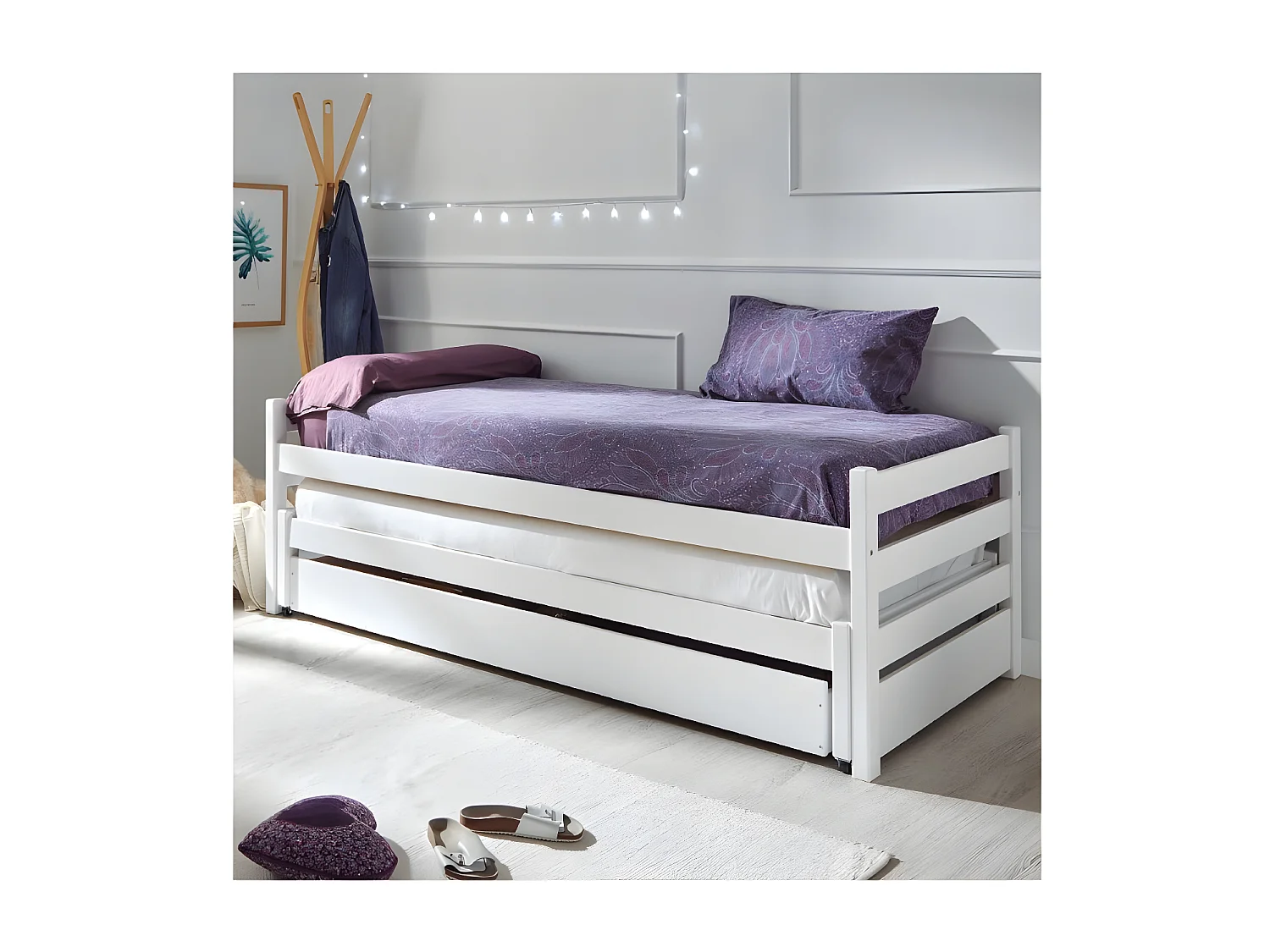 Cama nido tripla de madeira branco lavado 90x200 cm