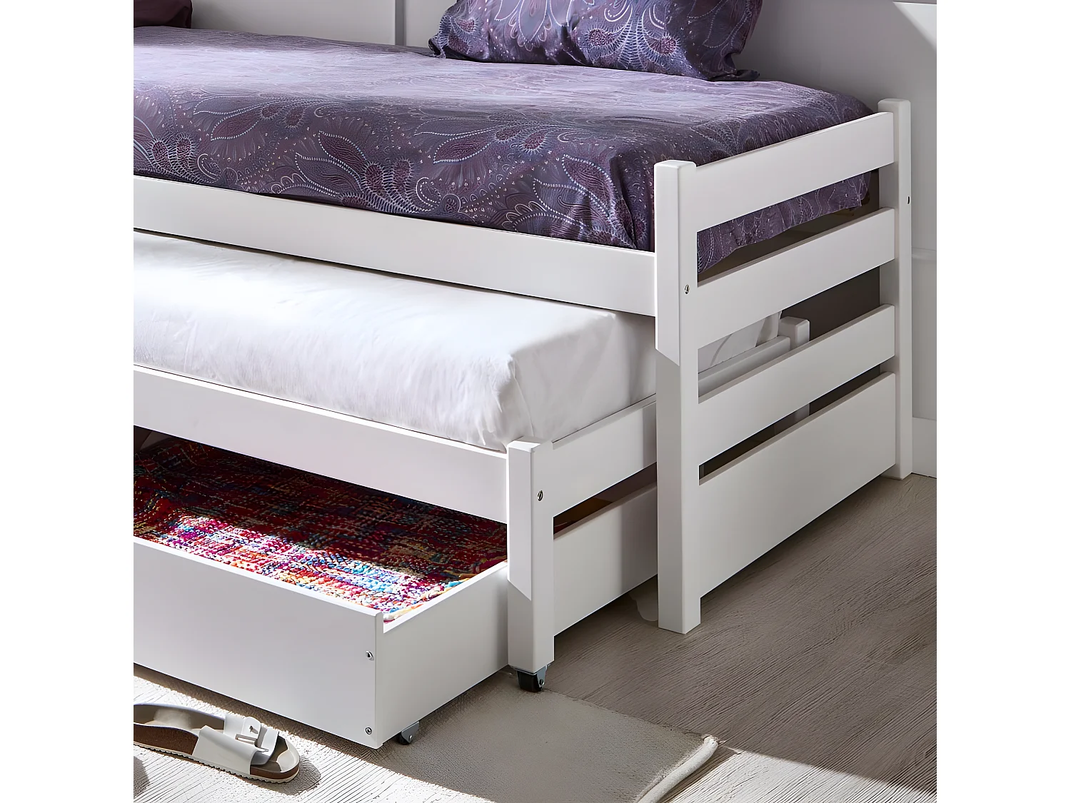 Cama nido tripla de madeira branco lavado 90x200 cm