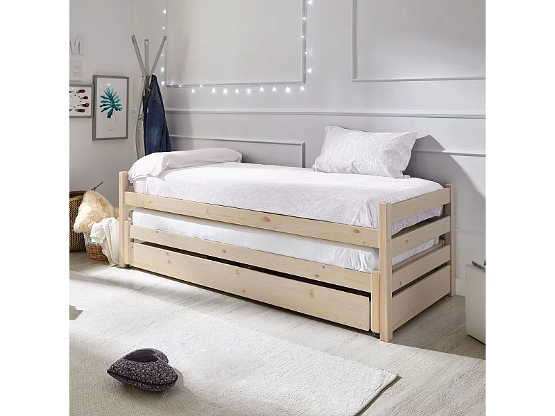 Letto triplo a nido in legno bianco lavato 90x200 cm