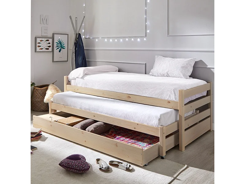 Letto triplo a nido in legno bianco lavato 90x200 cm