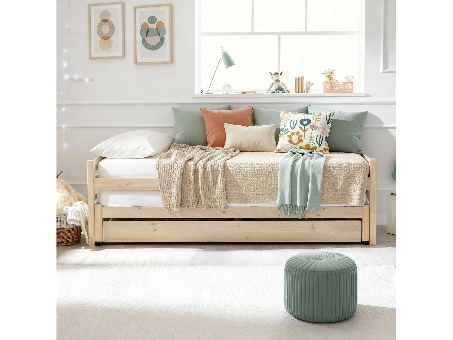 Letto triplo a nido in legno bianco lavato 90x200 cm