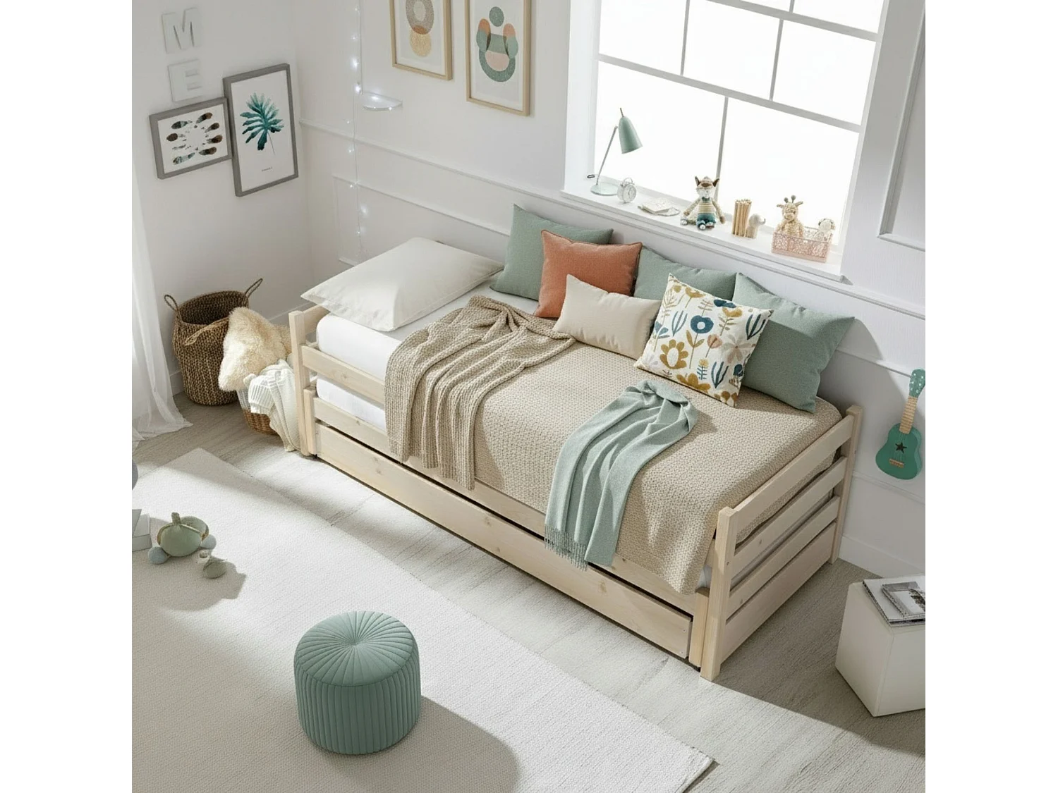 Letto triplo a nido in legno bianco lavato 90x200 cm