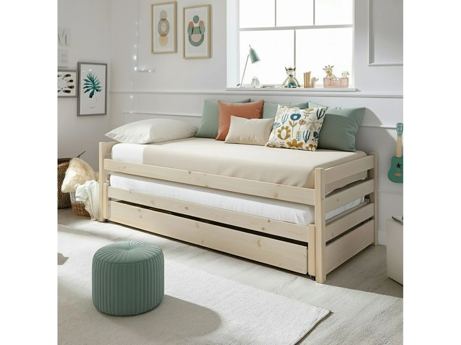 Lit gigogne triple en bois blanc lavé 90x200 cm