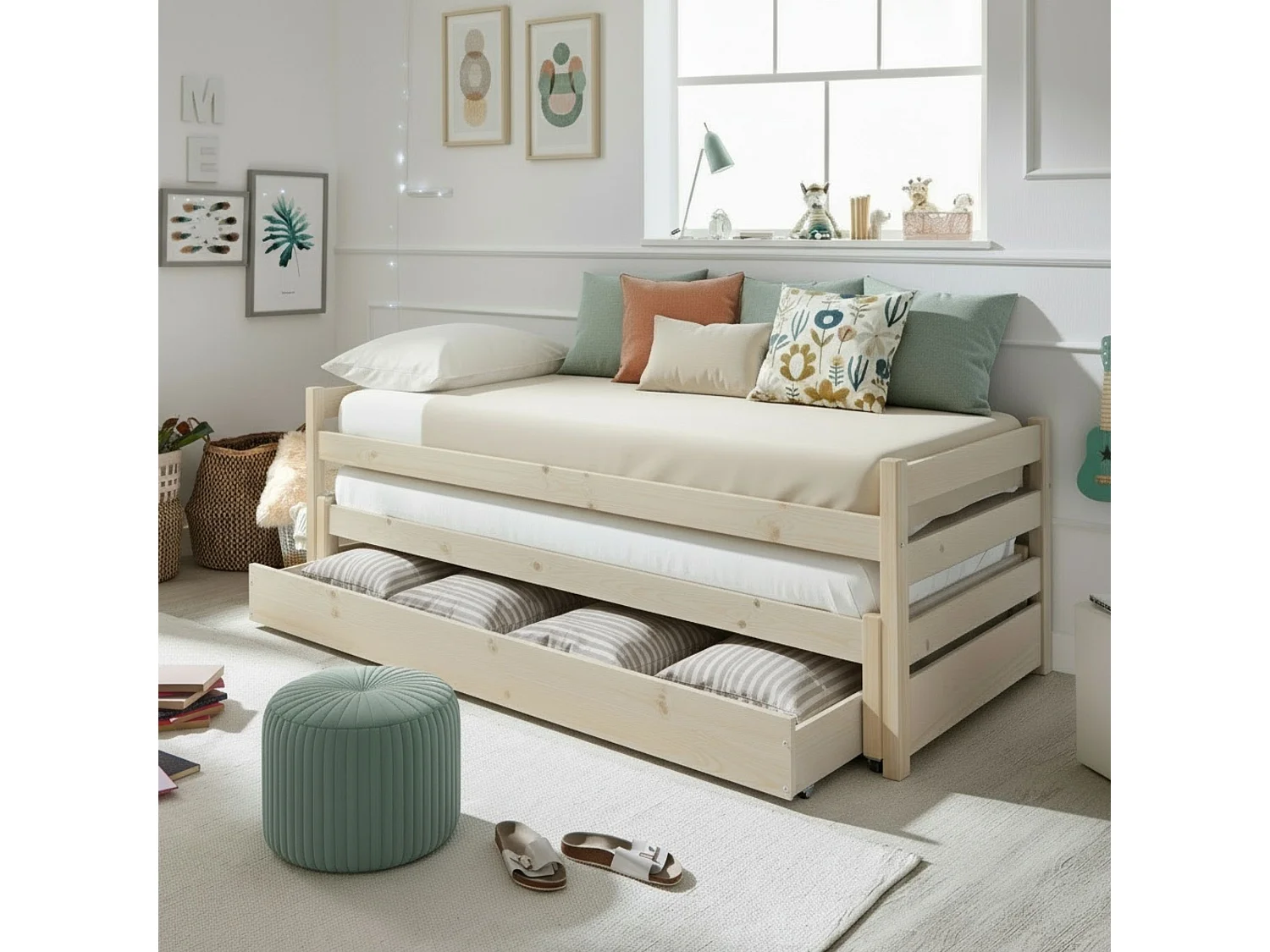 Lit gigogne triple en bois blanc lavé 90x200 cm