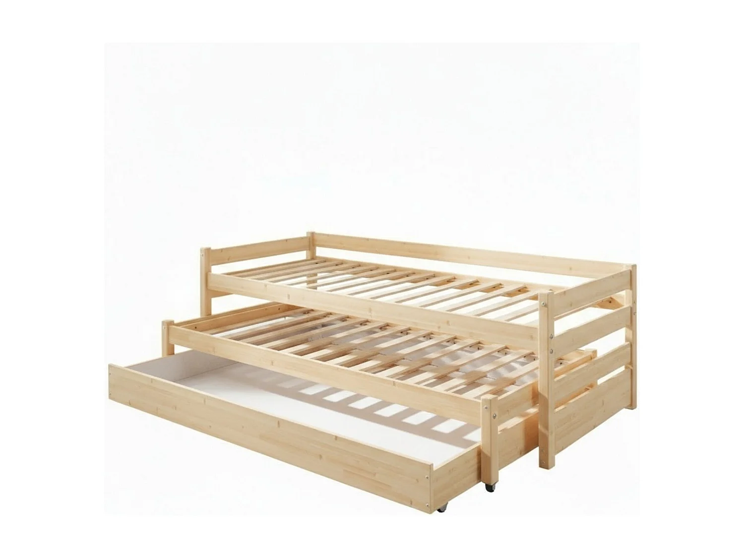 Lit gigogne triple en bois blanc lavé 90x200 cm