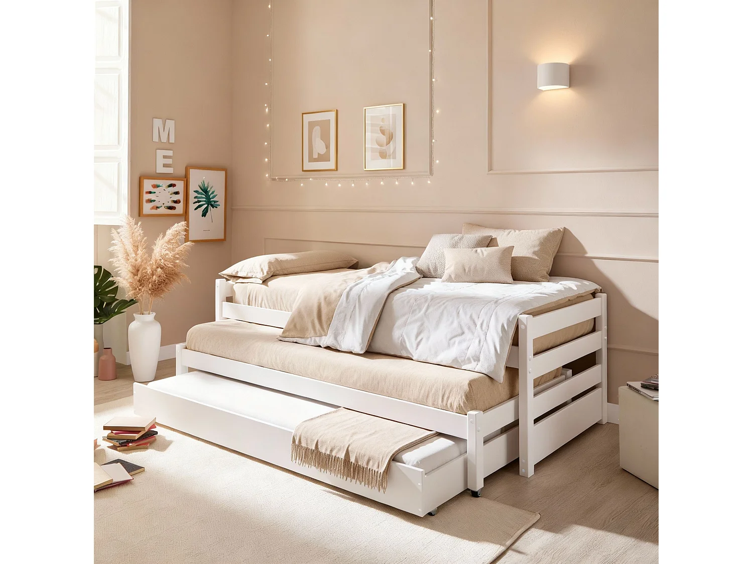 Dreierbett aus Holz, weiß 90x200 cm