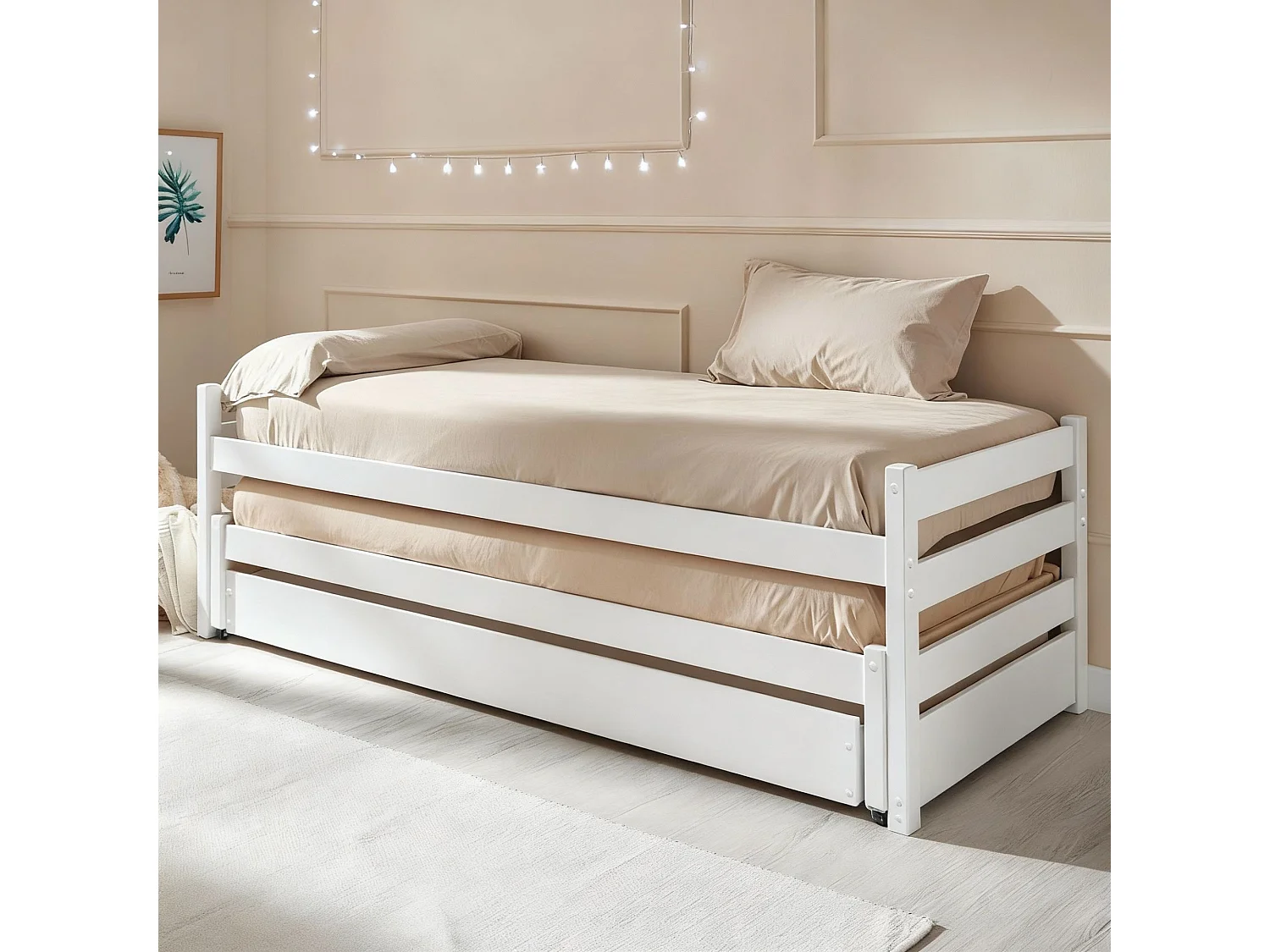 Dreierbett aus Holz, weiß 90x200 cm