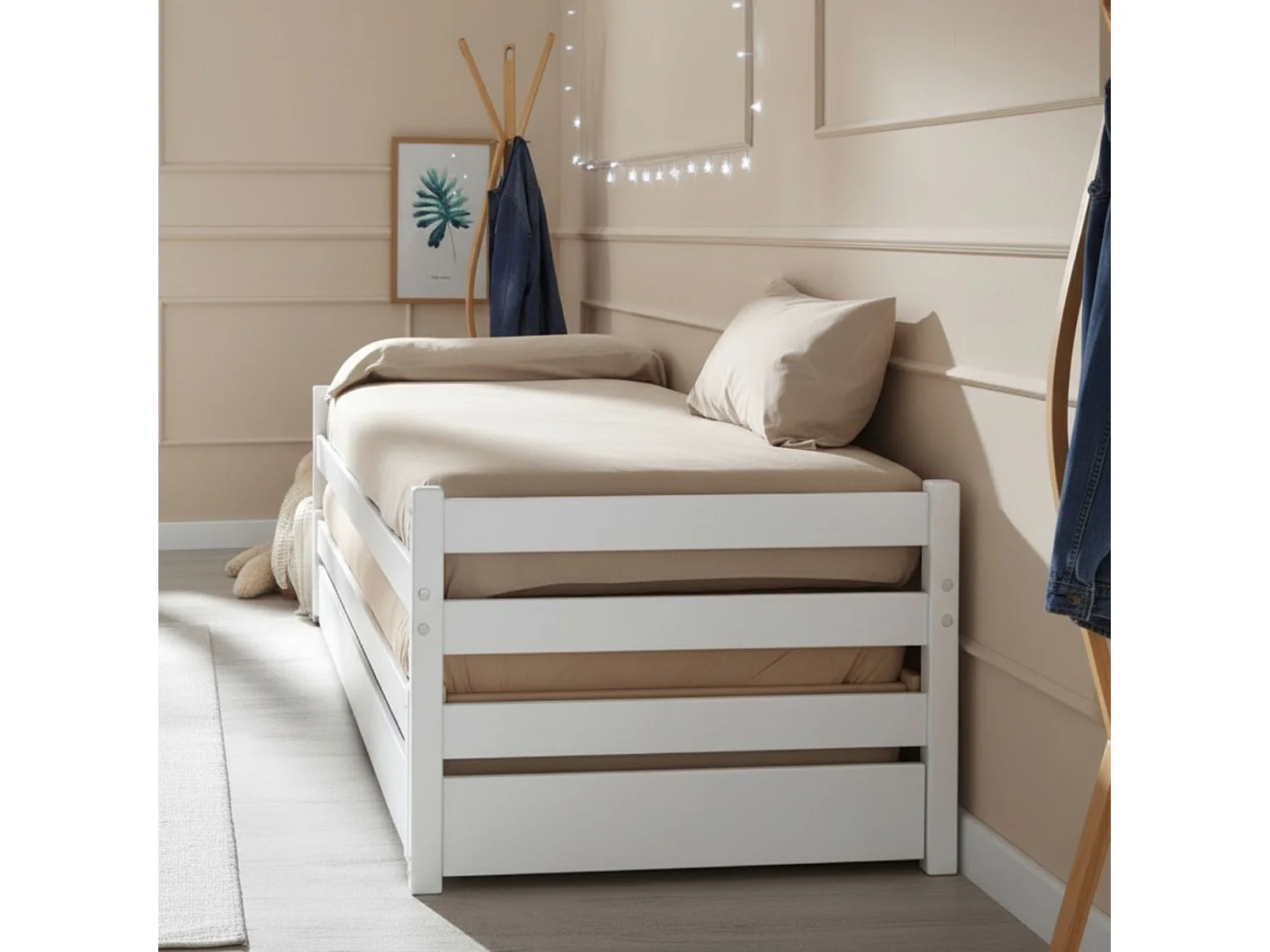 Dreierbett aus Holz, weiß 90x200 cm