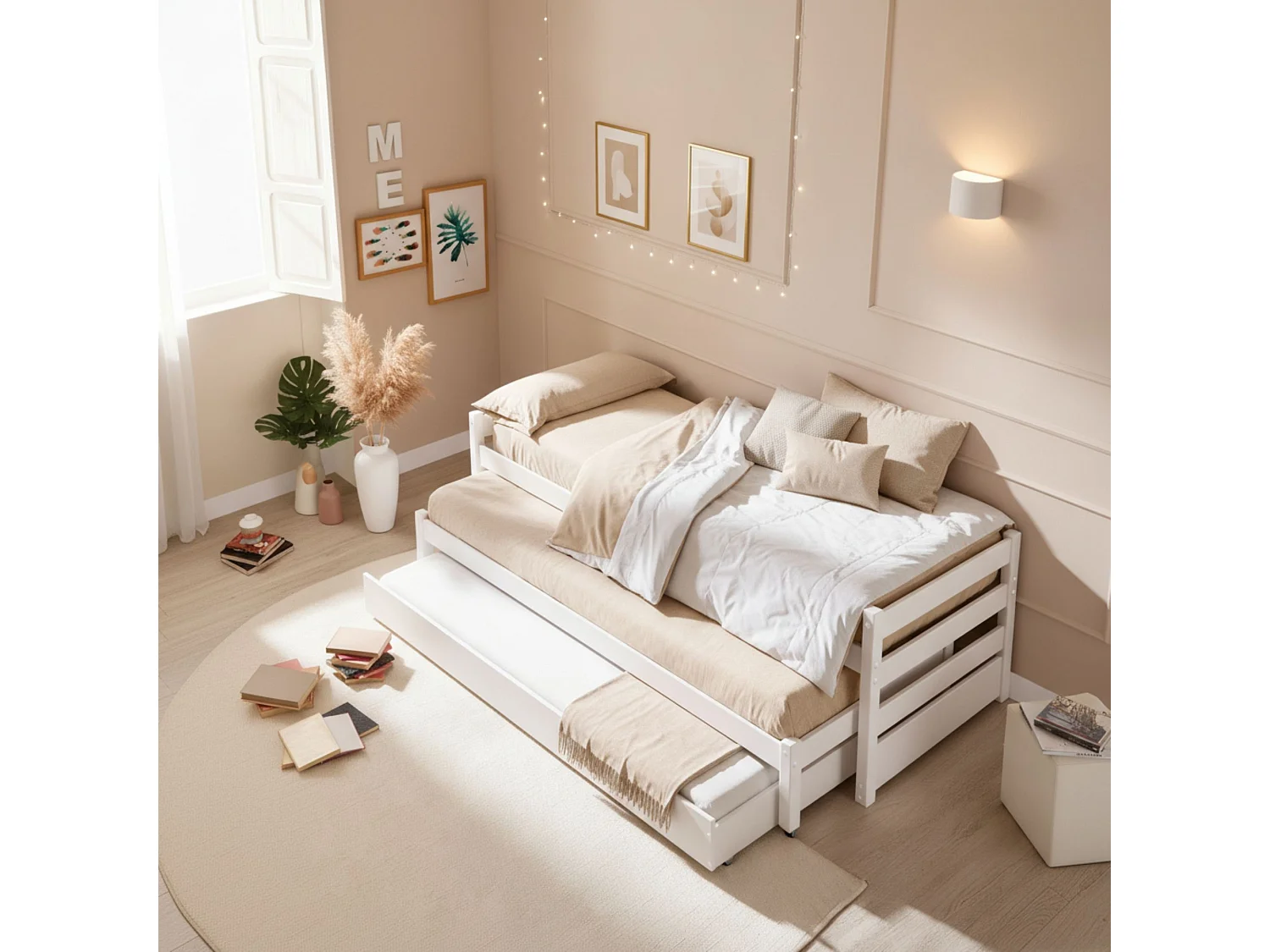 Dreierbett aus Holz, weiß 90x200 cm