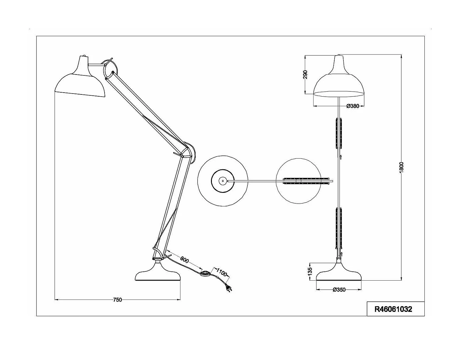 Piantana architetto, metallo, nero e oro, H 180 cm, Salvador