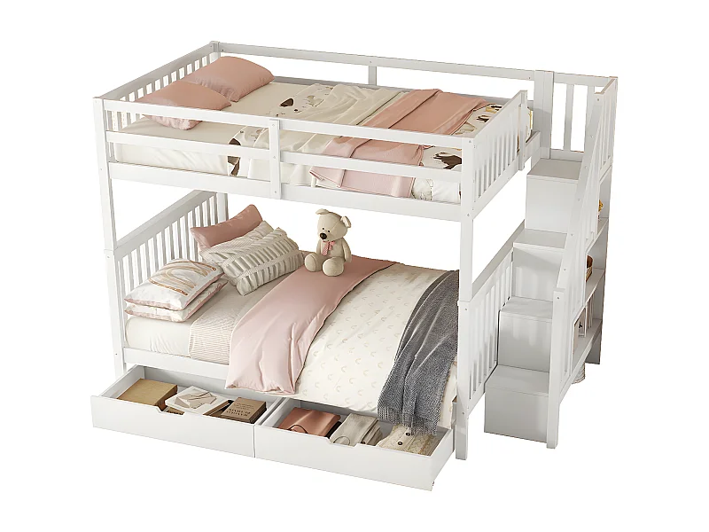 lit superposé 140X200cm, étagère d'escalier, équipé de deux tiroirs, garde-corps haut,blanc