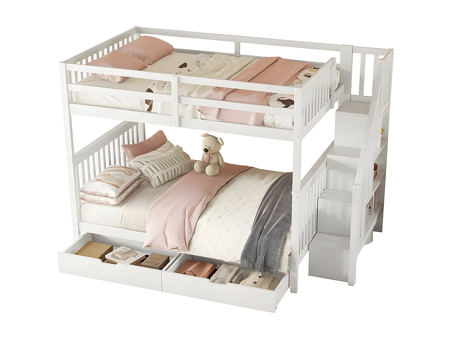 lit superposé 140X200cm, étagère d'escalier, équipé de deux tiroirs, garde-corps haut,blanc