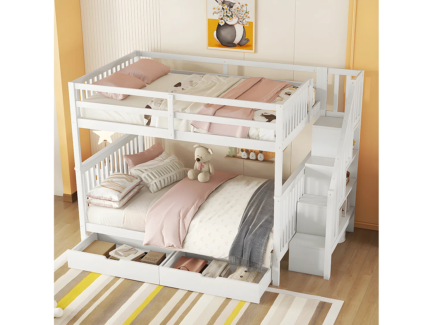 lit superposé 140X200cm, étagère d'escalier, équipé de deux tiroirs, garde-corps haut,blanc