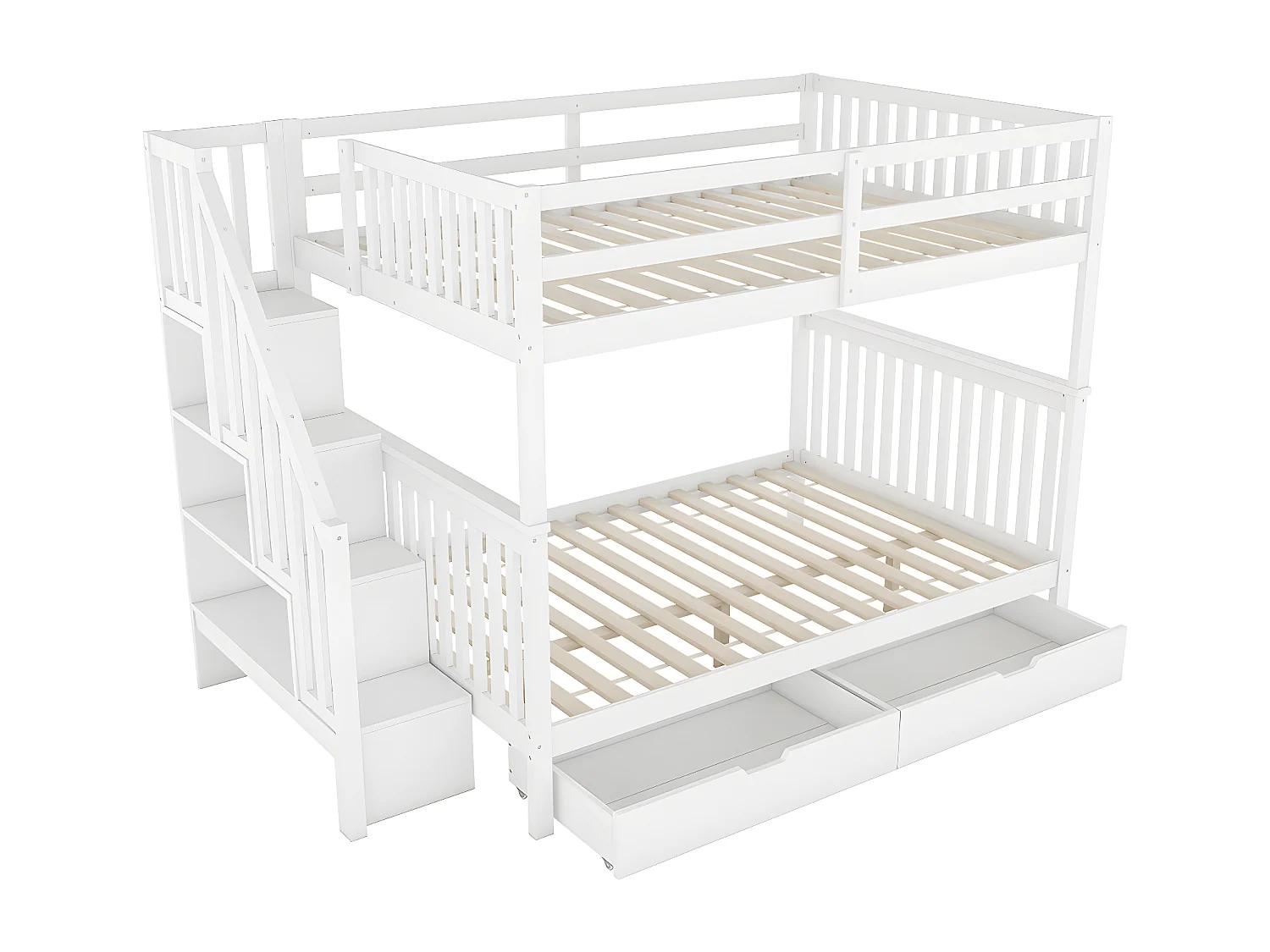 lit superposé 140X200cm, étagère d'escalier, équipé de deux tiroirs, garde-corps haut,blanc