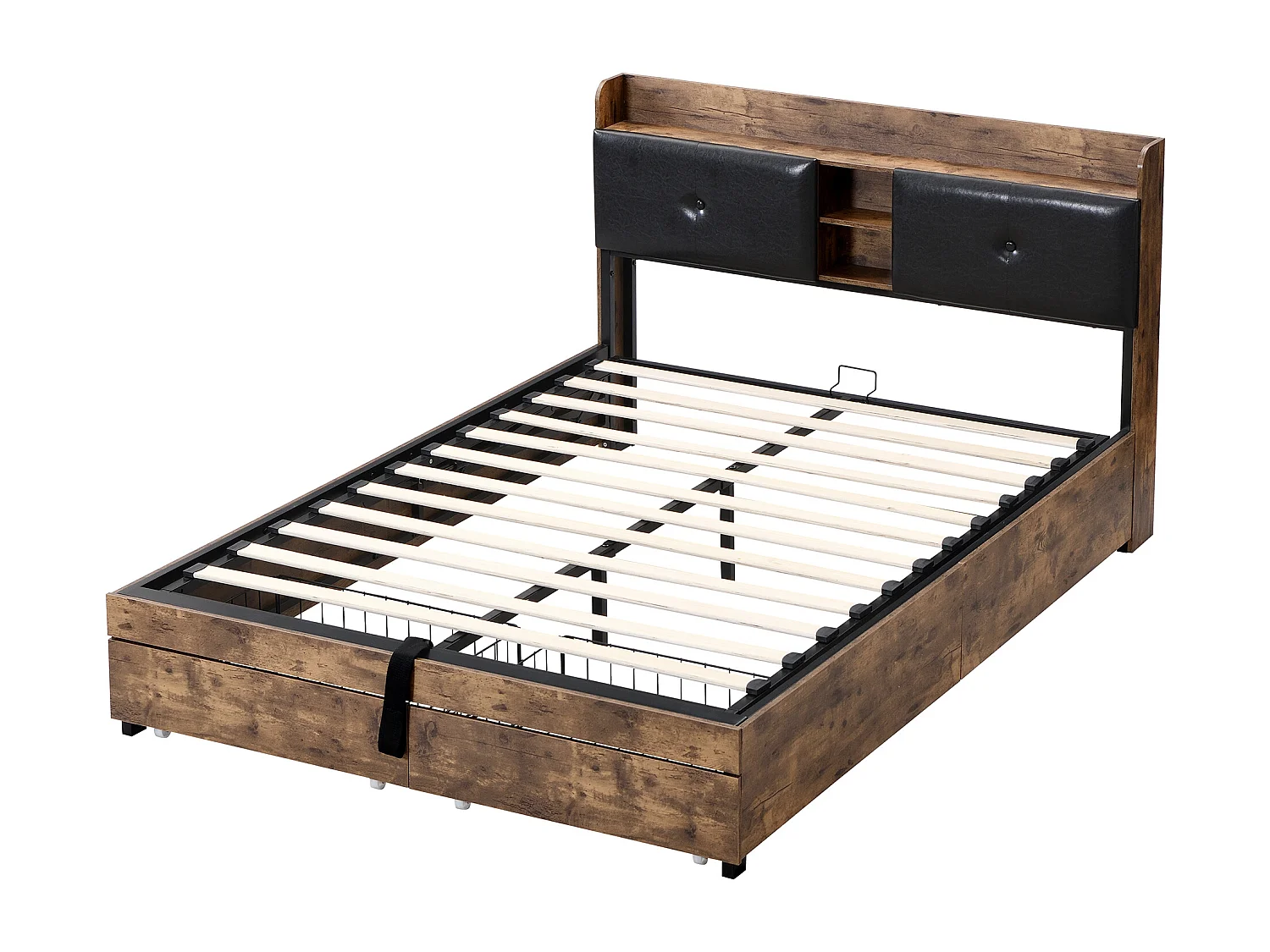 Lit double Junior en métal noir 140 x 200 cm avec tête de lit de rangement et cadre à lattes sans matelas