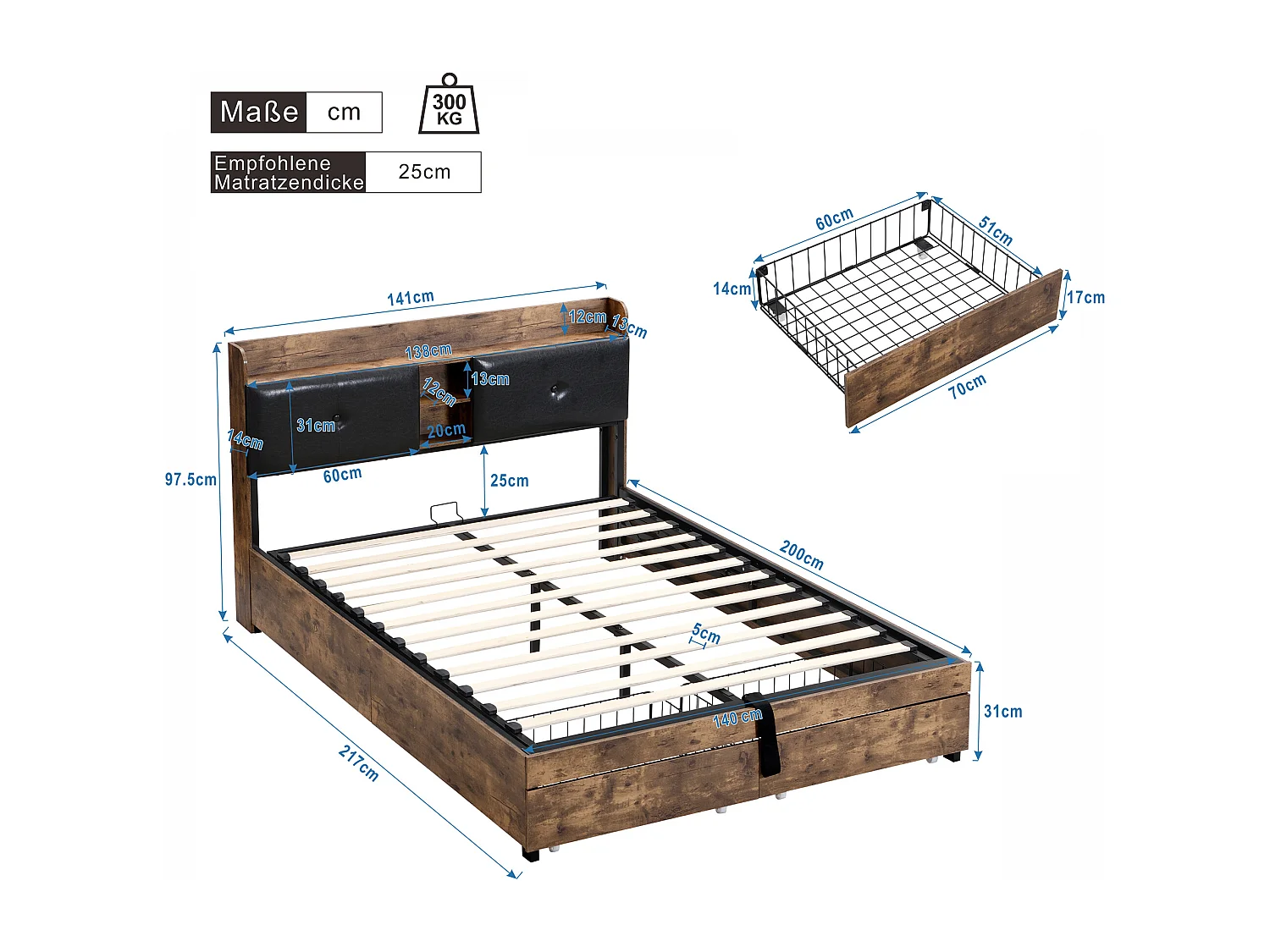 Lit double Junior en métal noir 140 x 200 cm avec tête de lit de rangement et cadre à lattes sans matelas