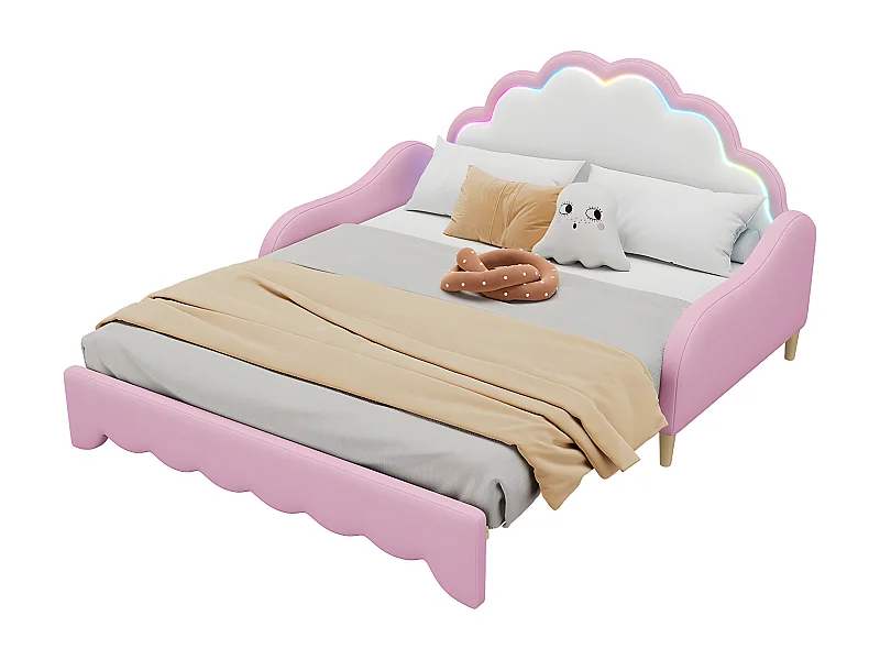 Canapé-lit 140*200cm, convertible en lit plat, tête de lit avec lumière d'ambiance, complet avec matelas, télécommande,Rose