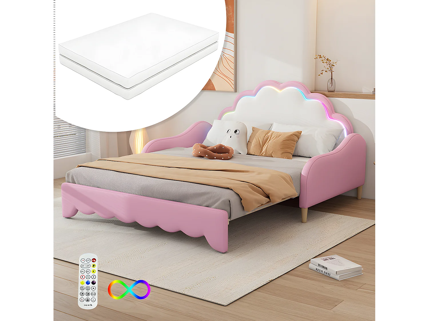 Canapé-lit 140*200cm, convertible en lit plat, tête de lit avec lumière d'ambiance, complet avec matelas, télécommande,Rose