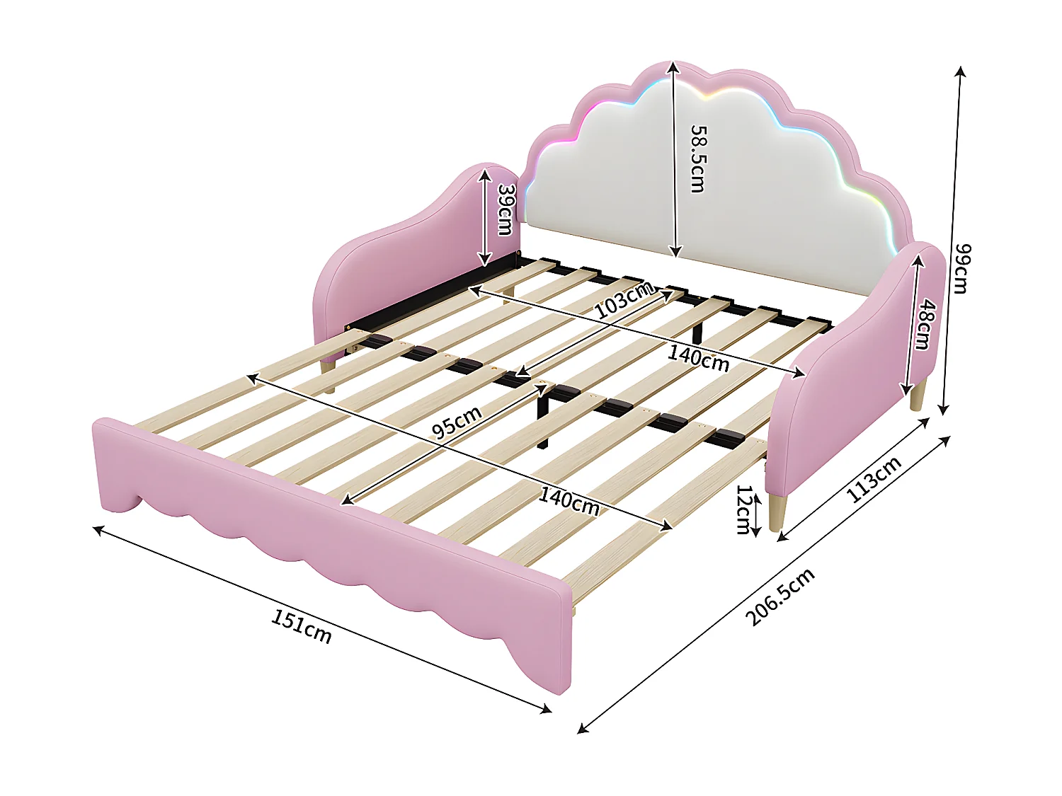 Canapé-lit 140*200cm, convertible en lit plat, tête de lit avec lumière d'ambiance, complet avec matelas, télécommande,Rose