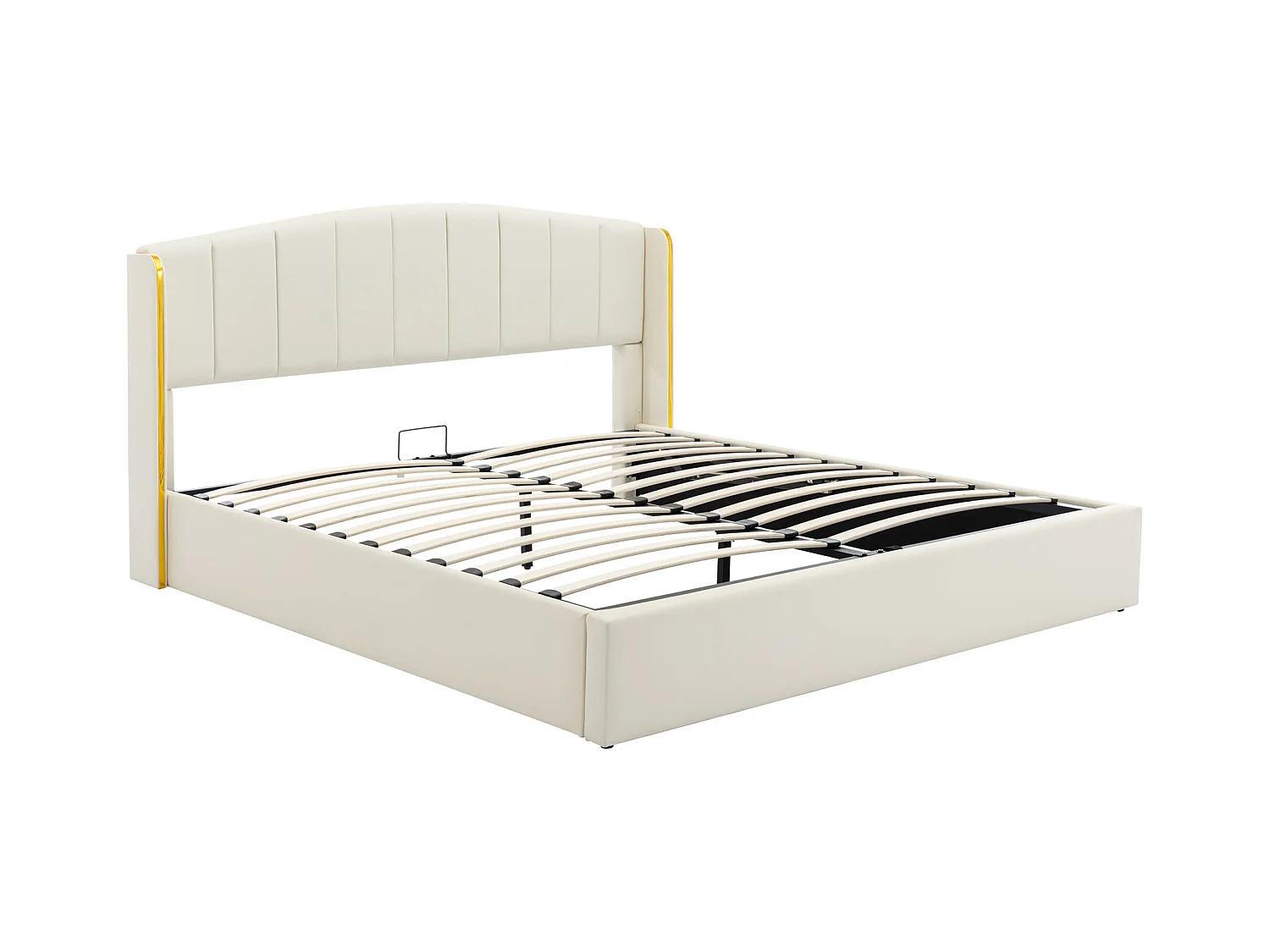 Lit rembourré crème 160 * 200, boîte de rangement, pu, avec cadre à lattes et tête de lit, sans matelas