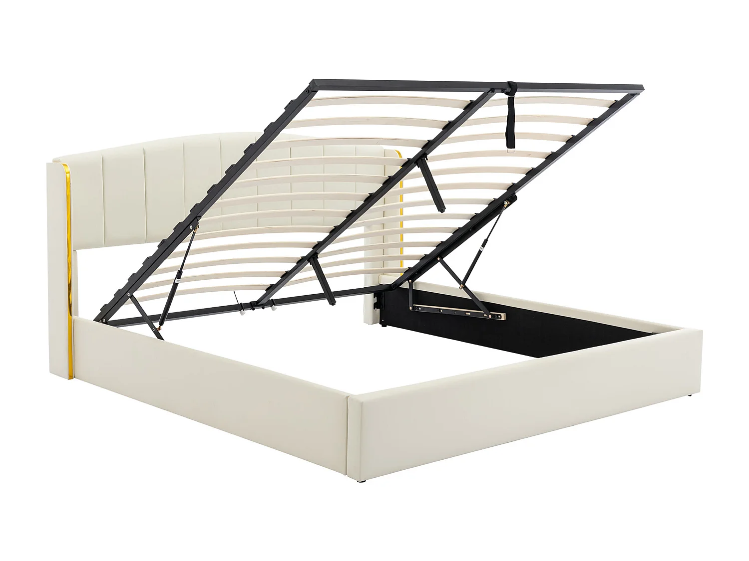 Lit rembourré crème 160 * 200, boîte de rangement, pu, avec cadre à lattes et tête de lit, sans matelas