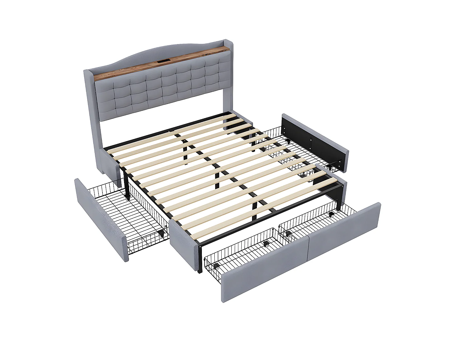 Lit rembourré 160*200 cm, table de nuit avec prise de charge USB et tablette, lit double plat avec 4 tiroirs, tissu lin gris
