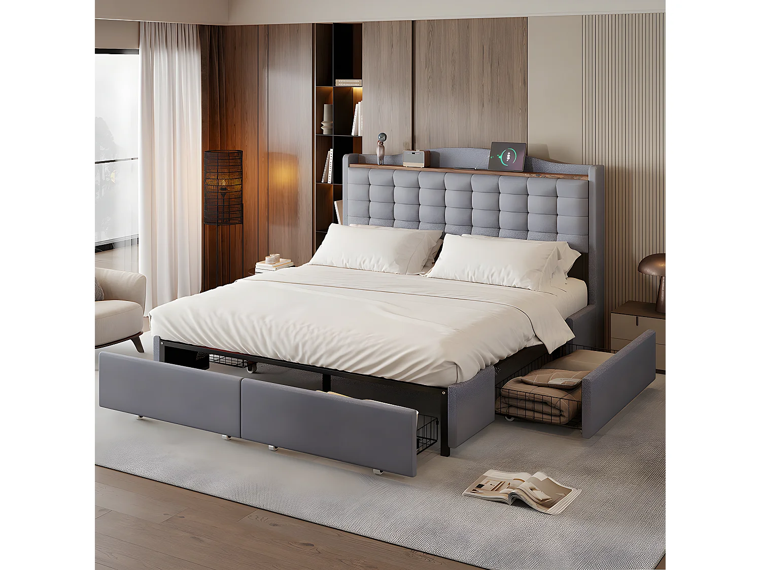Lit rembourré 160*200 cm, table de nuit avec prise de charge USB et tablette, lit double plat avec 4 tiroirs, tissu lin gris