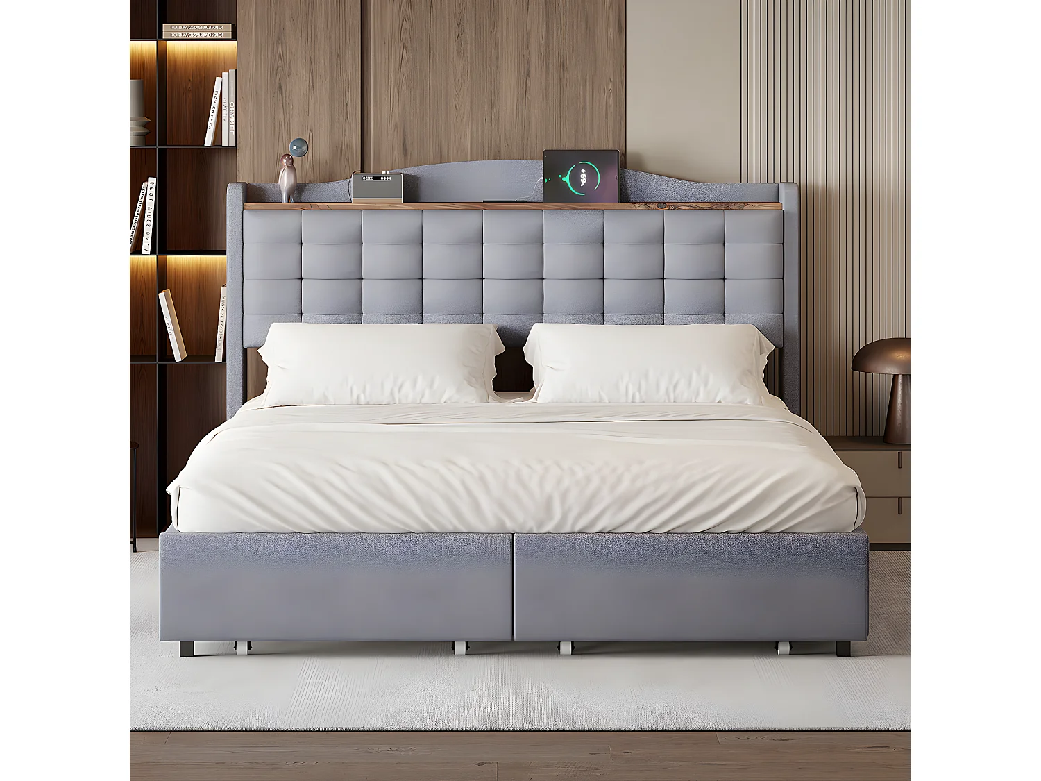 Lit rembourré 160*200 cm, table de nuit avec prise de charge USB et tablette, lit double plat avec 4 tiroirs, tissu lin gris