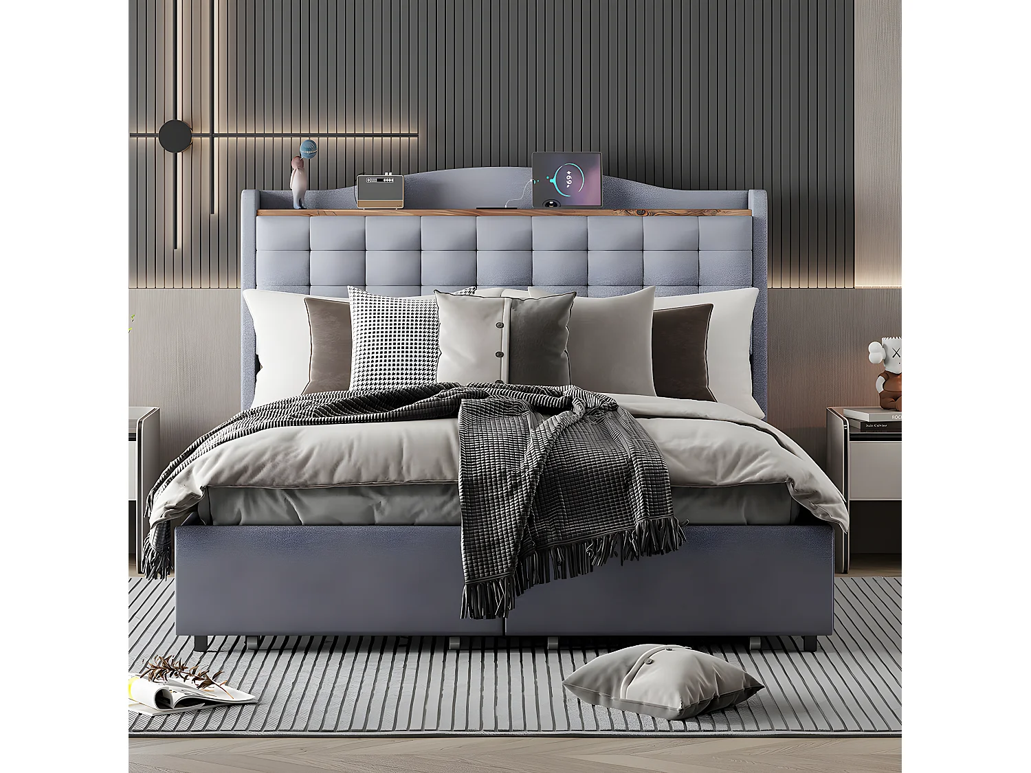 Lit capitonné 140*200 cm, table de nuit avec prise de charge USB et tablette, lit double plat avec 4 tiroirs, tissu lin gris